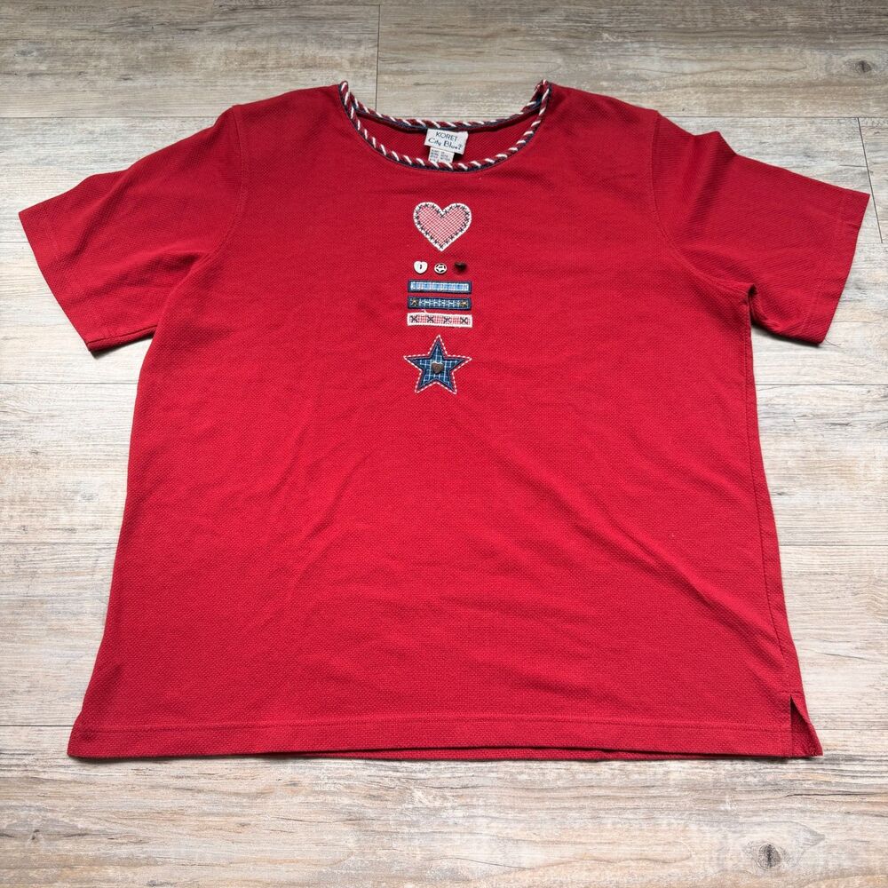 Vintage Koret City Blues Patriotic Americana Red Top Large USA Flag Heart Star